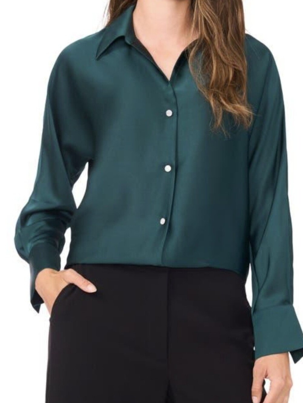 Halogen charmeuse Emerald Green Rhinestone button up blue blouse Large L New Nwt